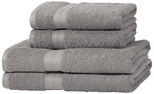 AmazonBasics Handtuch-Set, ausbleichsicher, 2 Badetücher und 2 Handtücher, Grau, 100% Baumwolle 500g/m²