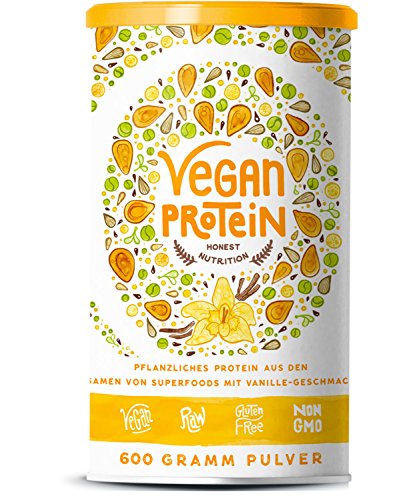 Vegan Protein (Vanille) - Reis-, Hanf-, Soja-, Erbsen-, Chia-, Sonnenblumen- und Kürbiskernprotein + Kokosmilch, Superfoods und Verdauungsenzymen - 600 Gramm Pulver mit natürlichem Vanillegeschmack