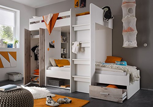 Etagenbett weiß / grau inkl Kleiderschrank + Schubkasten + Regale Hochbett Kinderbett Kinderzimmer Doppelbett Stockbett
