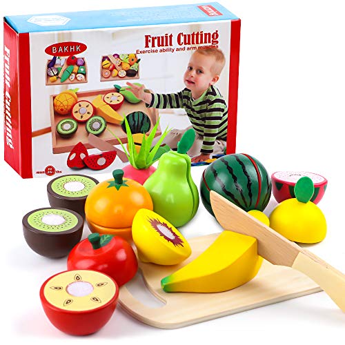 BAKHK Küchenspielzeug Holz für Kinder Obst Spielzeug, 20-TLG., Lebensmittel Schneiden mit Klett-Verbindung