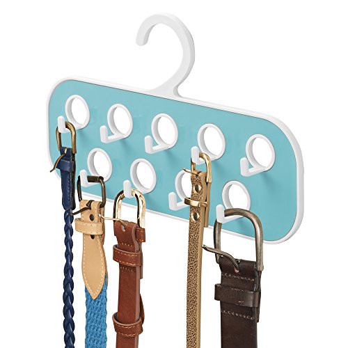 mDesign Gürtelhalter mit 9 Haken - praktische Aufbewahrung für Gürtel, Taschen etc. im Kleiderschrank - auch zum Ketten aufhängen - weiß/blaugrün