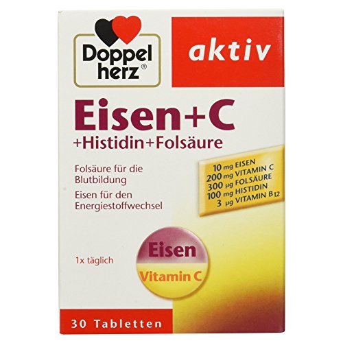 Doppelherz Eisen + C + Histidin + Folsäure / 10 mg Eisen für den normalen Energiestoffwechsel und die Bildung von roten Blutkörperchen / 1 x 30 Tabletten