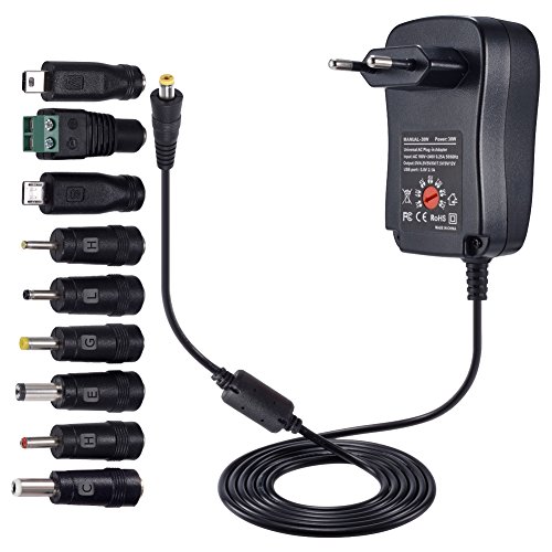 [Verbesserte Version] PChero 30W Universal AC/DC Adapter Schaltnetzteil mit 9pcs Adapter Tipps, enthält Mini & Micro USB Stecker, für 3V bis 12V Haushaltselektronik und LED-Streifen - 2000mA Max