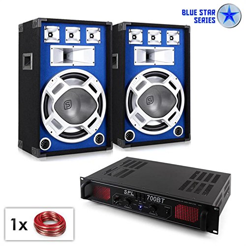 PA Set Blue Star Series Basscore Bluetooth PA Komplettset DJ Partyanlage mit Boxen und Verstärker (700W Bluetooth-Endstufe, USB-SD-Slots, Radio, musikgesteuerter LED-Lichteffekt)
