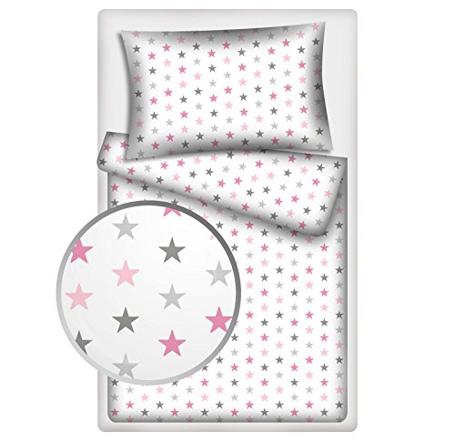 Kinderbettwäsche Stars 2-tlg. 100% Baumwolle 40x60 + 100x135 cm mit Reißverschluss (rosa-grau)