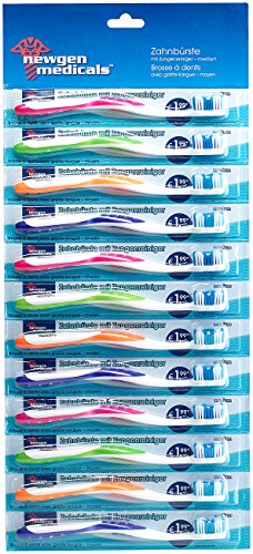 newgen medicals Bürste zur Zahnpflege: 12er-Pack Marken-Zahnbürsten mit Zungenreiniger, HART, 4 Farben (Mundpflege-Bürste)