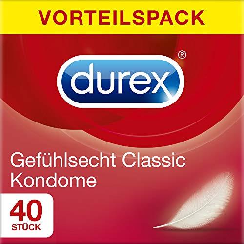 Durex Gefühlsecht Kondome – Hauchzarte Kondome für intensives Empfinden und innige Zweisamkeit – 40er Großpackung (1 x 40 Stück)