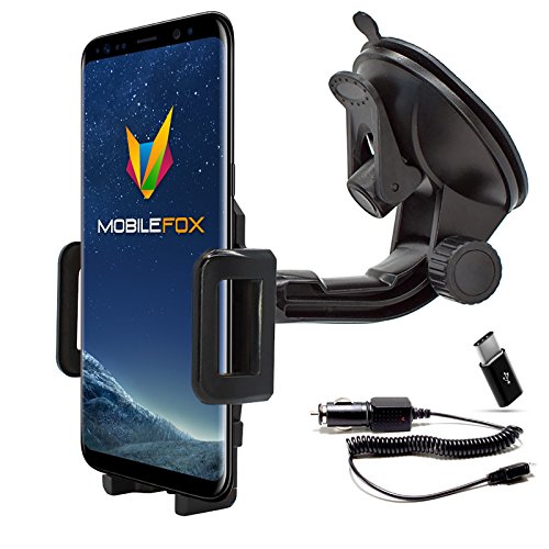 Mobilefox 360° KFZ Handy Saugnapf Halterung + Micro-USB Ladekabel + C Adapter Auto Halter Windschutzscheiben SET für Samsung Galaxy S9 S8 Plus Note 8 A3 A5 (2017)