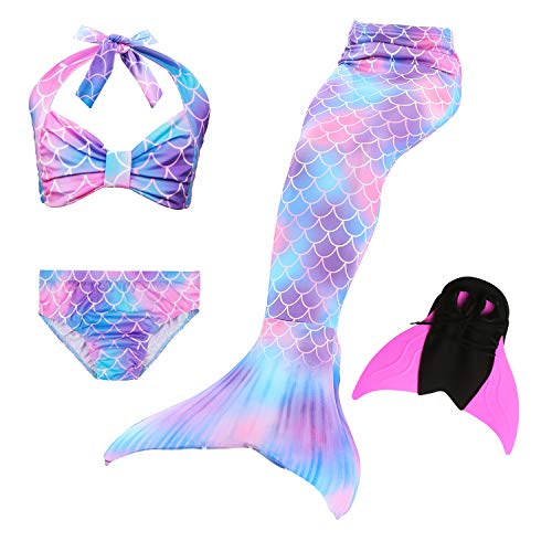 Le SSara 2018 Mädchen Meerjungfrau Tails Bikini Badeanzug setzt 4 Stücke Bademode mit Flosse für Schwimmen Cosplay Partei (130, DH48-Pink)