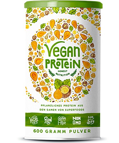 Vegan Protein (Haselnuss) - Protein aus Reis, Hanfsamen, Lupinen, Erbsen, Chia-Samen, Leinsamen, Amaranth, Sonnenblumen- und Kürbiskernen - 600 Gramm Pulver mit natürlichem Haselnuss Geschmack