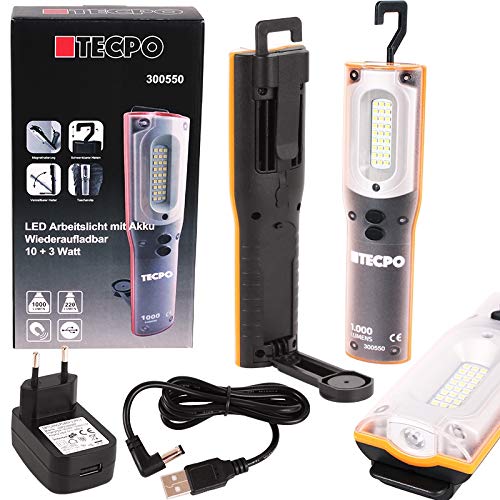 TECPO 300550 AKKU Werkstattlampe 1000 Lumen 27 SMD LED´s 10+3 Watt 6500 Kelvin IP 54 Arbeitslampe Stirnlampe Stablampe magnetisch Lithium-lonen 3.7V 6600 mAh