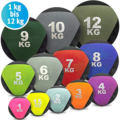 Medizinball farbig - Gummimedizinball in 1 kg, 1,5kg, 2kg, 3kg, 4kg, 5kg, 6kg, 7kg, 8kg, 9kg, 10kg, 12kg Gewichtsball Krafttraining, Crossfit, Bodybuilding, Slamball, Wallball, Reha und Fitness