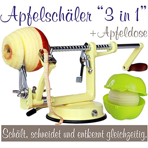 Profi Alu- Apfelschäler Apfelschneider Apfelentkerner Schälmaschine mit Apfeldose, in Vanilla-Gelb, original Made for us