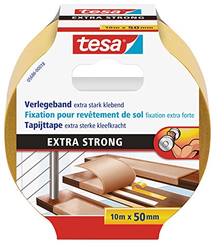 tesa doppelseitiges Verlegeband / Extra stark klebend - für alle Teppiche und PVC Beläge / Für Fußbodenheizung und feuchte Räume geeignet / 50mm x 10m