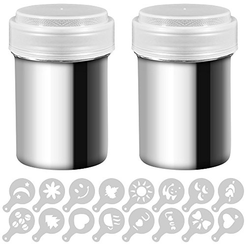 2 Edelstahl Powder Shakers, SENHAI Mesh Shaker Pulver Dosen für Kaffee Kakao Zimt Pulver mit Deckel, mit 16 Stück Druckformen Schablonen