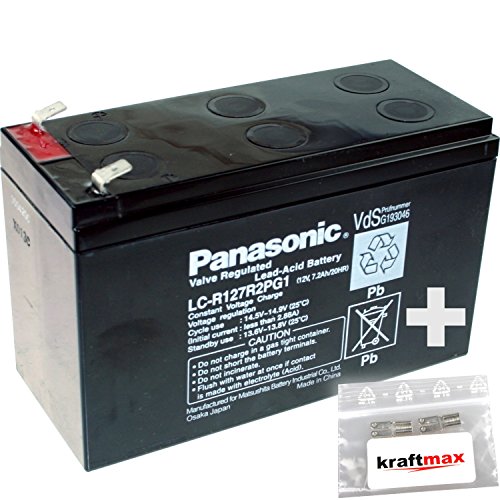 1x Panasonic 12V / 7,2Ah AGM Blei-Akku - LC-R127R2PG1 [ Faston 6,3 ] VdS geprüft - inkl. 2x Original Kraftmax Anschluß-Adapter