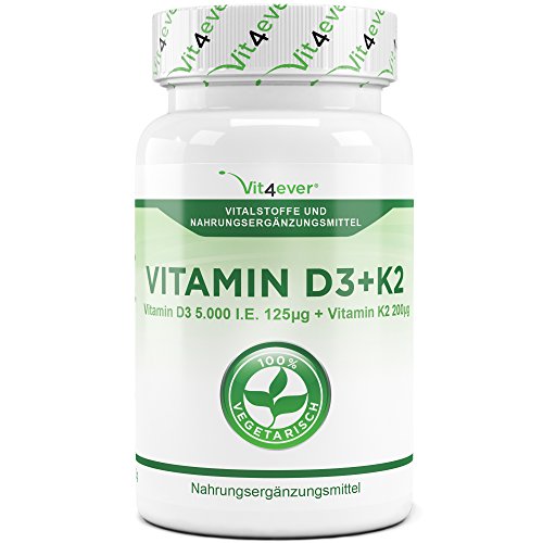 Vitamin D3 5000 I.E + Vitamin K2 200mcg Menaquinon MK7 Depot - 180 Tabletten - Alle 5 Tage eine Tablette, Vegetarische Tabletten Vit4ever