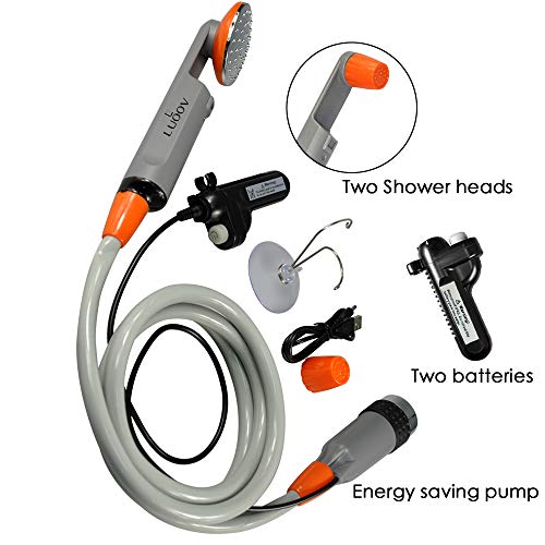 Qbuds Tragbare Campingdusche, kompakte Duschpumpe mit Zwei abnehmbaren USB-Akkus, Handbrause für Camping, Wandern, Reisen, Notfälle (2 Batterien)