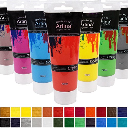 Artina 24er Crylic Acrylfarben Set als hochwertige Künstler-Malfarbe in 120 ml Tuben für Keilrahmen & mehr