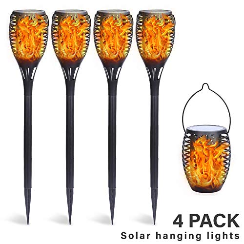 FLOWood Solar Gartenfackel realistischer Flammeneffekt 2 in 1 Solar Hängeleuchte für Garten Solar Gartenleuchte wetterfest ABS 4 Stück