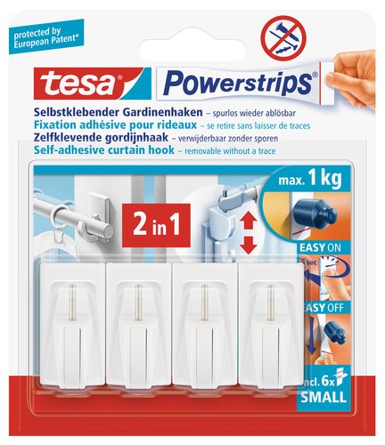 tesa Powerstrips Vario-Gardinenhaken / Selbstklebende Gardinenhaken von tesa - wieder ablösbar und mehrfach verwendbar / Bis 1 kg Belastung / 1 x 4 Stück