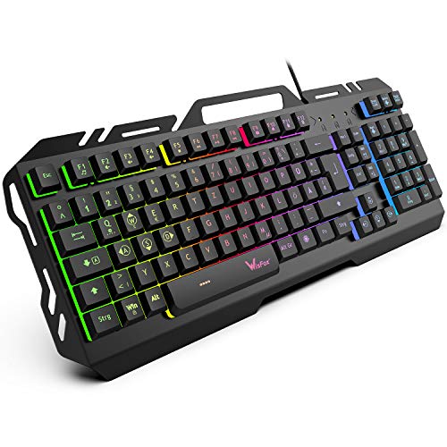 Gaming Tastatur, WisFox Bunte Rainbow LED Hintergrundbeleuchtete Gamer Keyboard, Ultra Sünn leise Ganzmetall USB Computertastatur mit Spritzwassergeschütztem Design für Windows PC Gamer-Schwarz