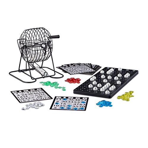 Relaxdays Bingo Spiel mit Metalltrommel HxBxT: 20 x 17,5 x 21,5 cm Bingotickets, Loskugeln, Chips, Spielbretter, schwarz