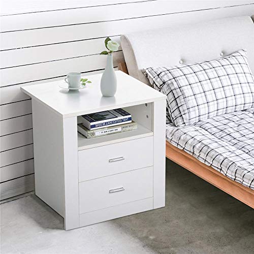 Yaheetech Nachtkommode, Nachttisch mit 2 Schubladen und Ablagen, Nachtschrank, Schlafzimmer, Weiß, 52 x 40 x 55 cm