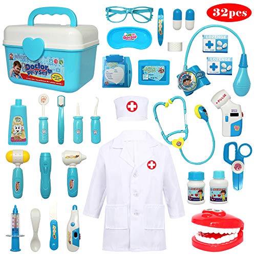 Buyger 32 Teile Arztkoffer Medizinisches Doktor Arztkittel Rollenspiel Spielzeug Geschenke Kinder(Blau)