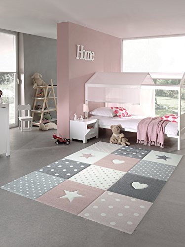 Kinderteppich Spielteppich Teppich Kinderzimmer Babyteppich mit Herz Stern in Rosa Weiss Grau