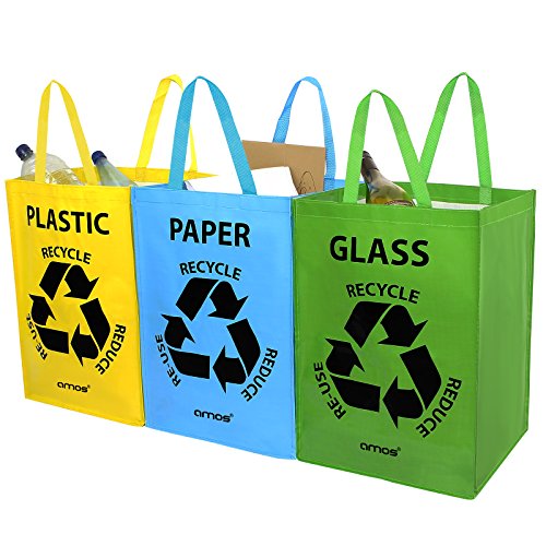 AMOS 3er Set Wiederverwendbare 53L Taschen mit Transportgriffen für Recycling Mülltrennsystem Abfalltrenner für Sortieren von Glas Plastik Papier