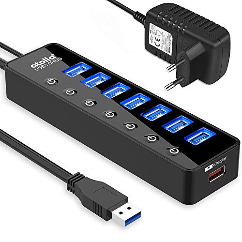 atolla USB Hub Aktiv 3.0 mit Netzteil, 7 Ports USB 3.0 Hub aktiver Datenhub mit Schalter und 1 Intelligenter Charging Port und 20W(5V/4A) Netzteil Adapter