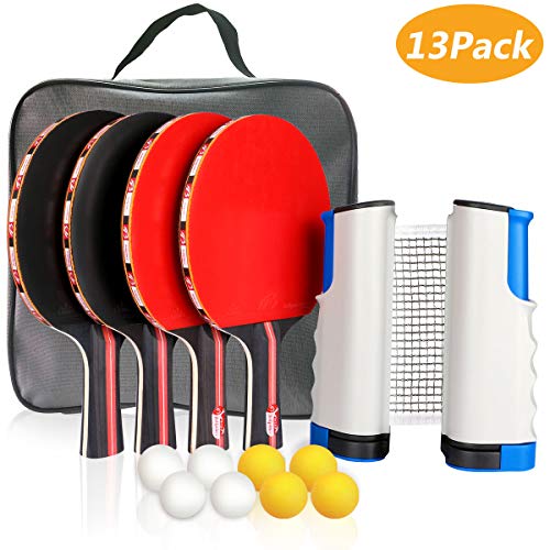 Xddias Instant Tischtennis-Set, 4 Tischtennisschläger/Schläger + Ausziehbare Tischtennisnetz + 8 Bälle, Ping Pong Set Spiel für Anfänger, Familien und Profis