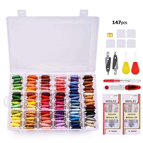 MS.DEAR Stickgarn Embroidery Floss, Stickerei Starter Kit mit Organizer Aufbewahrungsbox- 108 Farben Baumwollfaden und Kreuzstich Werkzeugsatz- 148 Stück