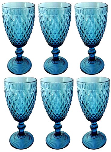 Vintage 6 Teile Set Glasnetz König Trinkglas Glas Gläser Weingläser Wasserglas Longdrinkglas (6 Stück Weinglas blau)