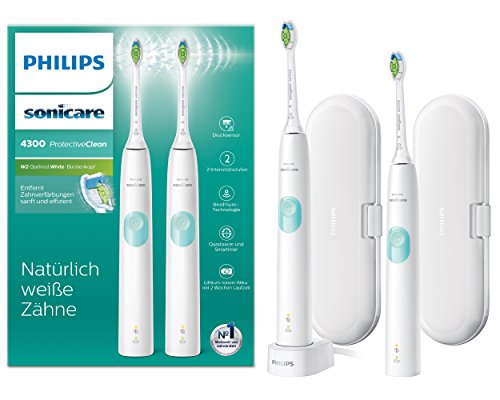 Philips Sonicare ProtectiveClean 4300 elektrische Zahnbürste HX6807/35 – 2 Schallzahnbürsten mit Clean-Putzprogamm, Andruckkontrolle, 2 Reise-Etuis & Ladegerät – Weiß