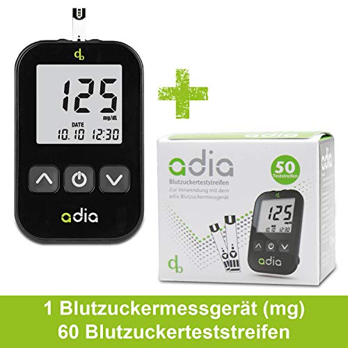 Adia Diabetes-Set, Messeinheit mg, mit 60 Blutzuckerteststreifen, Stechhilfe und 10 Lanzetten zur Blutzuckerkontrolle