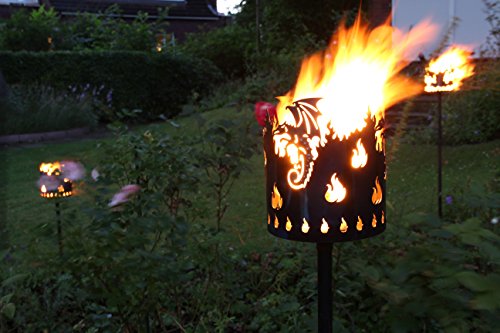 Gartenfackel auf Stecker 'Drache', aus Metall, Höhe: 128 cm , Ø 15cm, INKL. 2 Holzbrennelementen Garten Sommer Fackel Windlicht
