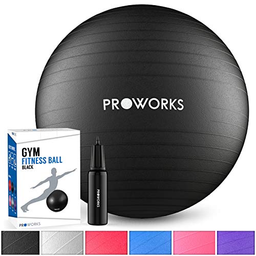 Proworks Gymnastikball 75cm Heavy Duty Sitzball für Sport Physiotherapie Schwangerschaft Yoga Pilates - Fitness Ball für Rückenübungen und Dehnübungen inkl. Pumpe - Schwarz