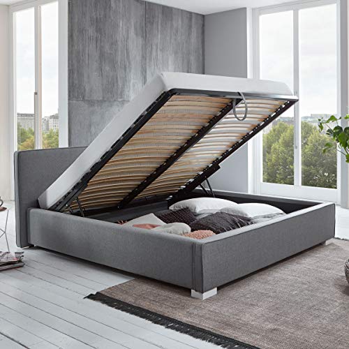 Bett mit Bettkasten Grau niedrigem Kopfteil Simple Polsterbett Lattenrost Stauraum Doppelbett (180 x 200 cm)