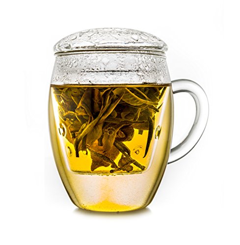 Creano Teeglas all in one, Große Teetasse mit Sieb und Deckel aus Glas, 400ml