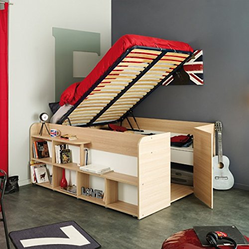 Funktionsbett Aaliyah 140*200 cm beige buche inkl Hydraulik + 2 Roll-Bettkästen + Kleiderschrank Kinderbett Jugendbett Bett Jugendzimmer Kind