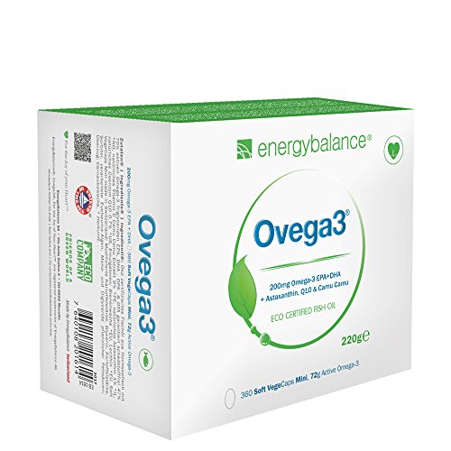 EnergyBalance Ovega3 360 Omega-3 Fischöl-Kapseln mit 3 natürlichen Antioxidantien | Astaxanthin, Coenzym Q10 & Vitamin C | Hochdosiert und Schadstofffrei | Markenqualität aus der Schweiz | 1x220g