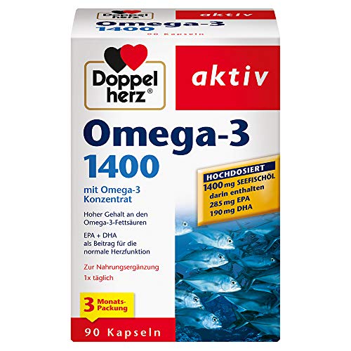 Doppelherz Omega-3 1400 mg / 3-Monats-Packung / Nahrungsergänzungsmittel mit hochdosiertem Omega-3-Konzentrat plus Vitamin E / Hoher Gehalt an Omega-3-Fettsäuren / 1 x 90 Kapseln