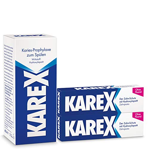 KAREX Zahnpasta 2 x 75ml + Mundspülung 1x 400 ml - Moderner Karies-Schutz ohne Fluorid, auch bei Speichelmangel