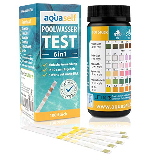 aquaself Poolwasser-Test 6-in-1 – Wassertester für Pool auf pH, freies Chlor, Gesamtchlor, GH, Cyanursäure, Gesamtalkalinität – 100 Stück Wasserteststreifen - inkl. gratis E-Book