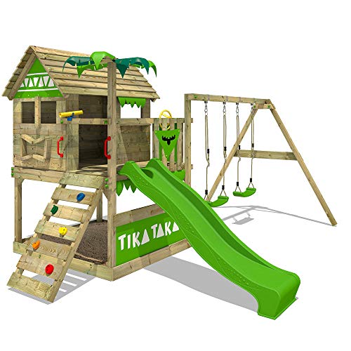 FATMOOSE Spielturm TikaTaka Town XXL Kletterturm mit Doppelschaukel, Rutsche und viel Spiel-Zubehör, apfelgrüne Rutsche