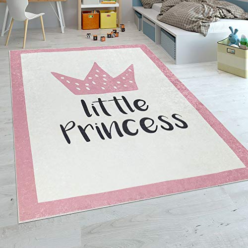 Paco Home Kinderteppich Kinderzimmer Mädchen Babyteppich Waschbar Prinzessin Spruch Rosa, Grösse:120x160 cm