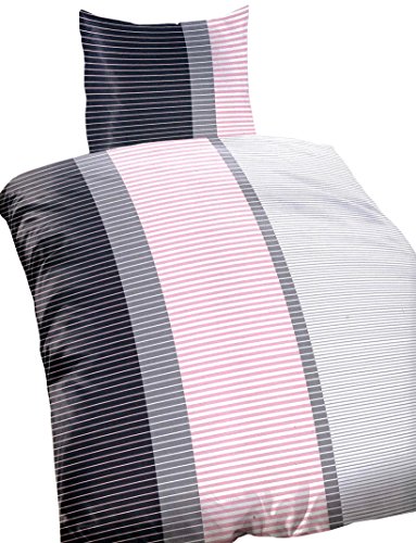 Leonado Vicenti 4 teilige Microfaser Bettwäsche 135x200 cm Streifen Rosa Anthrazit Weiß Reißverschluss Doppelpack