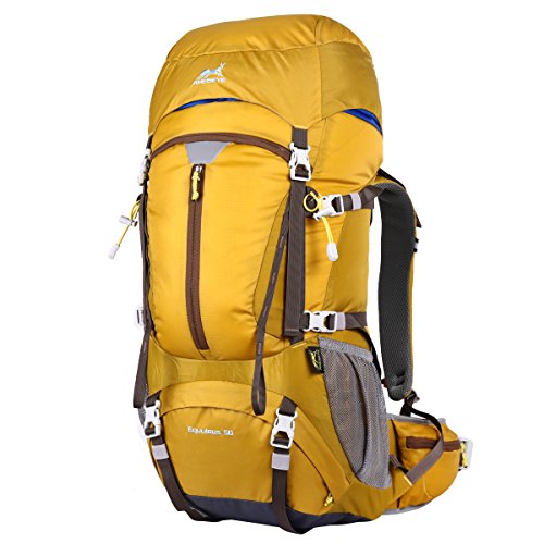 Eshow Trekkingrucksäcke Wanderrucksäcke Reiserucksack für Reisen Wandern und Bergsteigen Wasserdicht Ultraleicht 50L 31*60*23 mit Regenabdeckung, Gelb